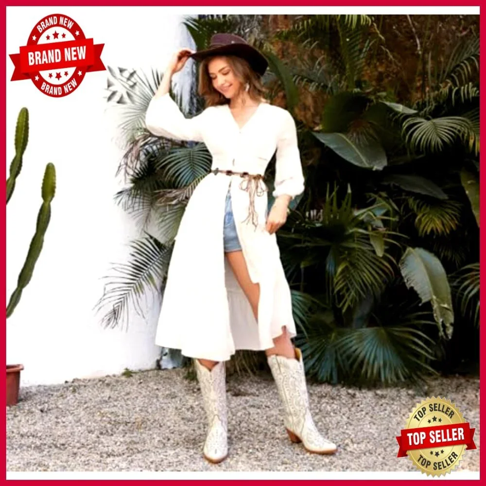 Pearl Embellished Knee High Cowboy Boots Chunky Heel Western Embroidery Pull On - Picture 3 of 7